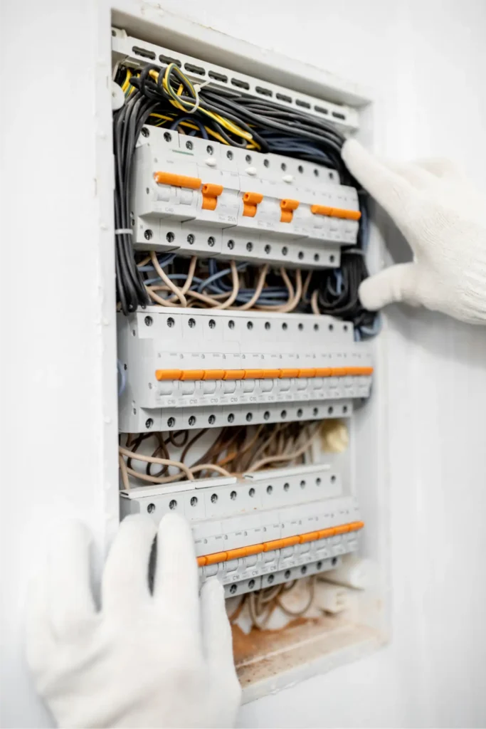 Técnico electricista realizando la inspección técnica y limpieza en tableros eléctricos de distribución como parte de los servicios de instalaciones eléctricas industriales.