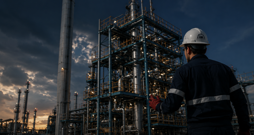 Ingeniería eléctrica y Mantenimiento industrial para plantas de producción. Ingeniero supervisando una planta industrial durante trabajos de mantenimiento industrial, instalaciones eléctricas y automatización de procesos.