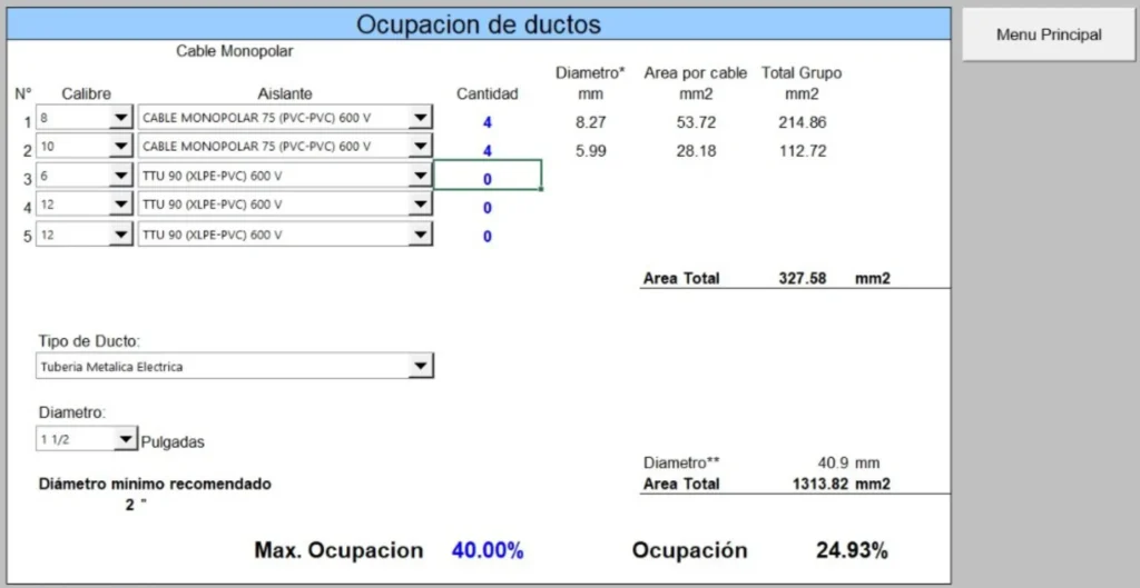 Software para cálculos para tuberías y charolas y porcentaje de ocupación de ductos en el diseño de instalaciones eléctricas industriales.