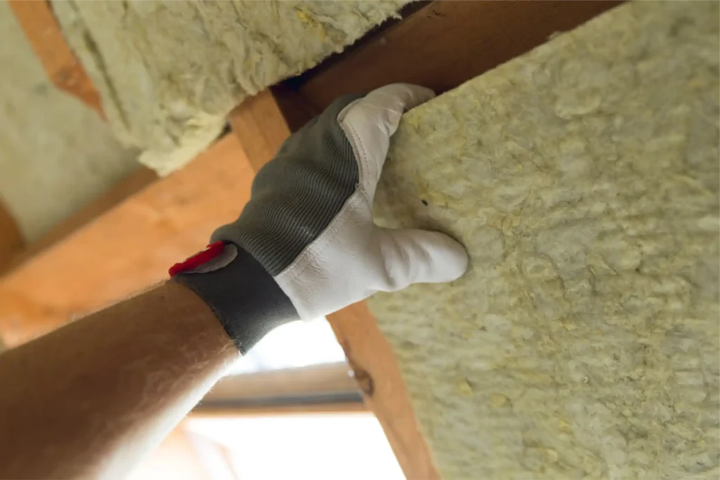 Servicio de Instalación de Aislamiento Térmico y Acústico en Muros Instalador colocando colchoneta de fibra de vidrio para aislamiento térmico en muros y acondicionamiento acústico en construcciones industriales y comerciales.
